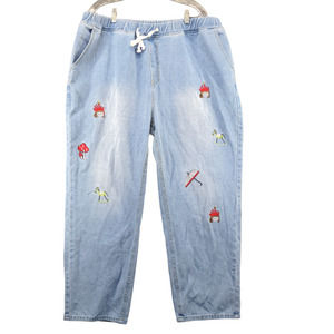 Emery Rose Women's Jeans Blue 4XL Embroidered Drawstring Waist Denim Pockets